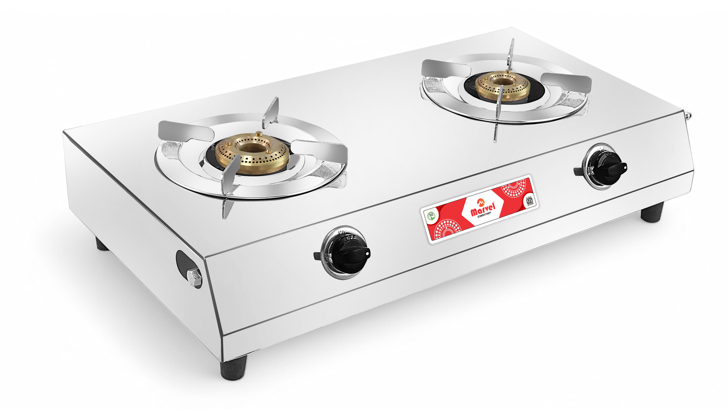 Cooktop Marvel - 2 Burner XXL VS2 Stainless Steel Gas Stove, Jointless Body, SS Round Pan Support, Jumbo Brass Top (COSMOS RO - 2108)