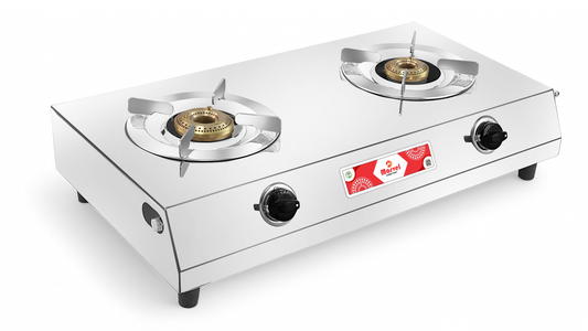 Cooktop Marvel - 2 Burner XXL VS2 Stainless Steel Gas Stove, Jointless Body, SS Round Pan Support, Brass Top (COSMOS RO - 2106)