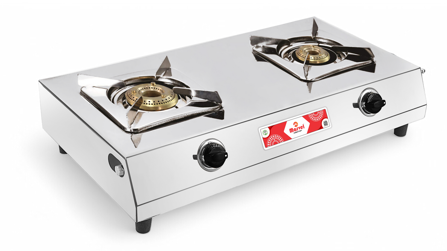 Cooktop Marvel - 2 Burner XXL Pixy Stainless Steel Gas Stove, Jointless Body, SS Square Pan Support, Jumbo Brass Top (COSMOS SQ - 2105)
