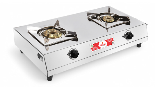 Cooktop Marvel - 2 Burner XXL Pixy Stainless Steel Gas Stove, Jointless Body, SS Square Pan Support, Brass Top (COSMOS SQ - 2104)