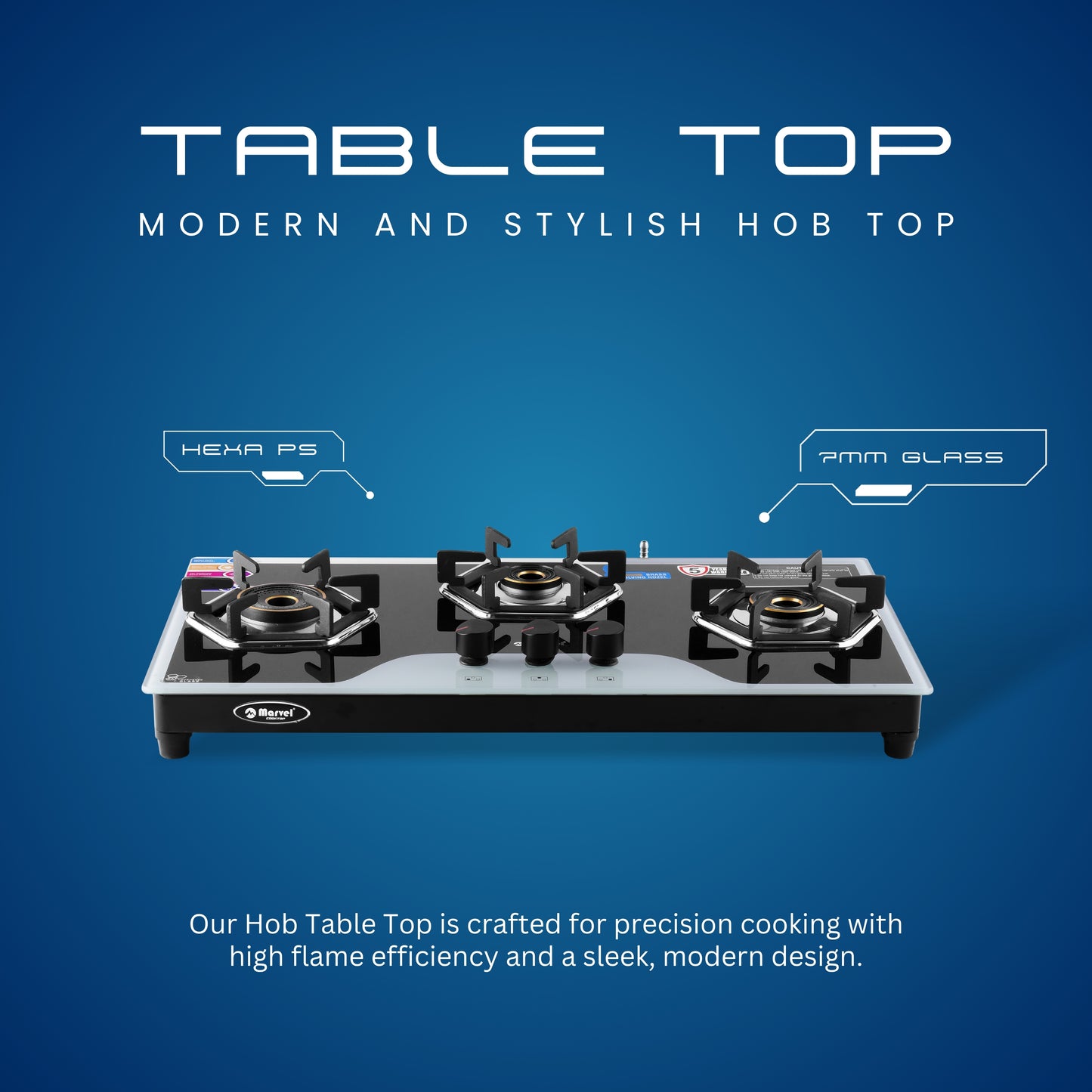 Cooktop Marvel – 3 Burner Hob Top Glass Gas Stove | Elite B&W Glass, Hexa Pan Support | 6G Brass Burner, Manual Ignition, LPG Compatible (OSBORN – 3701)