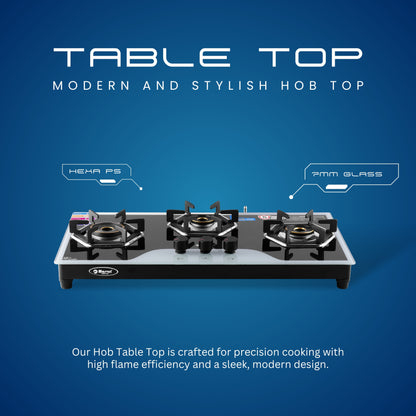 Cooktop Marvel – 3 Burner Hob Top Glass Gas Stove | Elite B&W Glass, Hexa Pan Support | 6G Brass Burner, Manual Ignition, LPG Compatible (OSBORN – 3701)