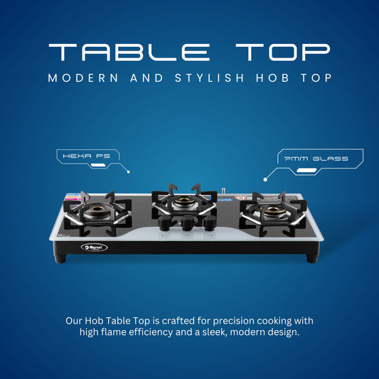 Cooktop Marvel – 3 Burner Hob Top Glass Gas Stove | Elite B&W Glass, Hexa Pan Support | 6G Brass Burner, Manual Ignition, LPG Compatible (OSBORN – 3701)