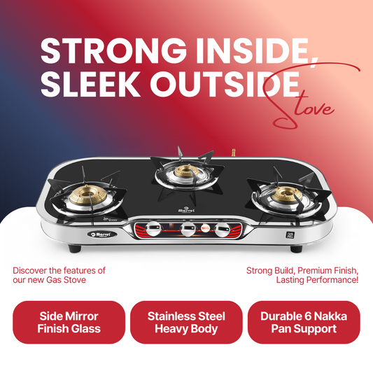 Cooktop Marvel – 3 Burner Side Mirror Glass LPG Stove with Silver SS Frame, Plus Body Frame – HEXAGON (3606)