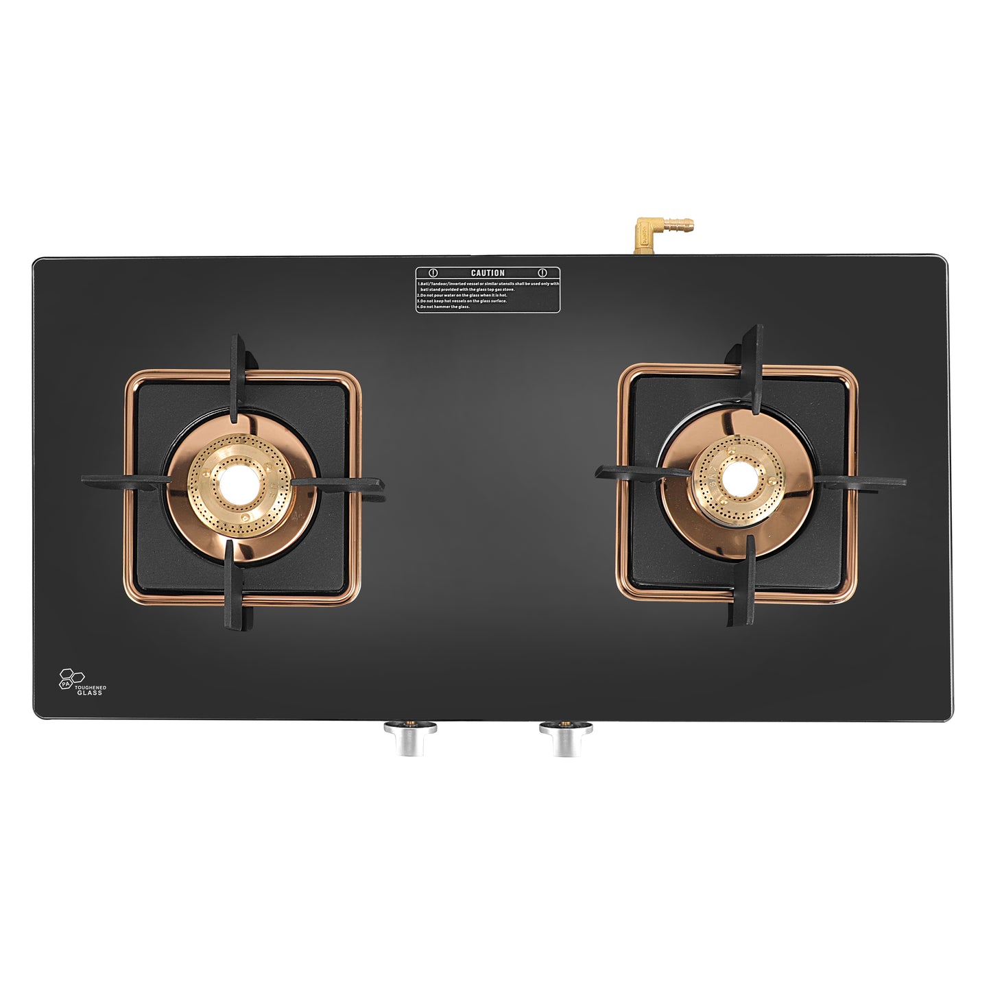 Cooktop Marvel – 2 Burner Crystal Black Glass Gas Stove with Rose Gold SS Mirror Finish Frame, Square Pan Support, Brass Top (DOOM - 2502)