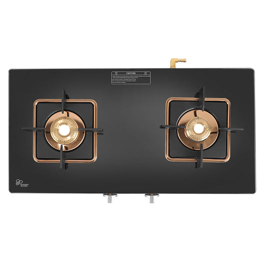 Cooktop Marvel – 2 Burner Crystal Black Glass Gas Stove with Rose Gold SS Mirror Finish Frame, Square Pan Support, Brass Top (DOOM - 2502)