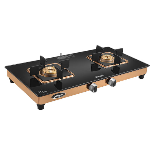 Cooktop Marvel – 2 Burner Crystal Black Glass Gas Stove with Rose Gold SS Mirror Finish Frame, Square Pan Support, Brass Top (DOOM - 2502)