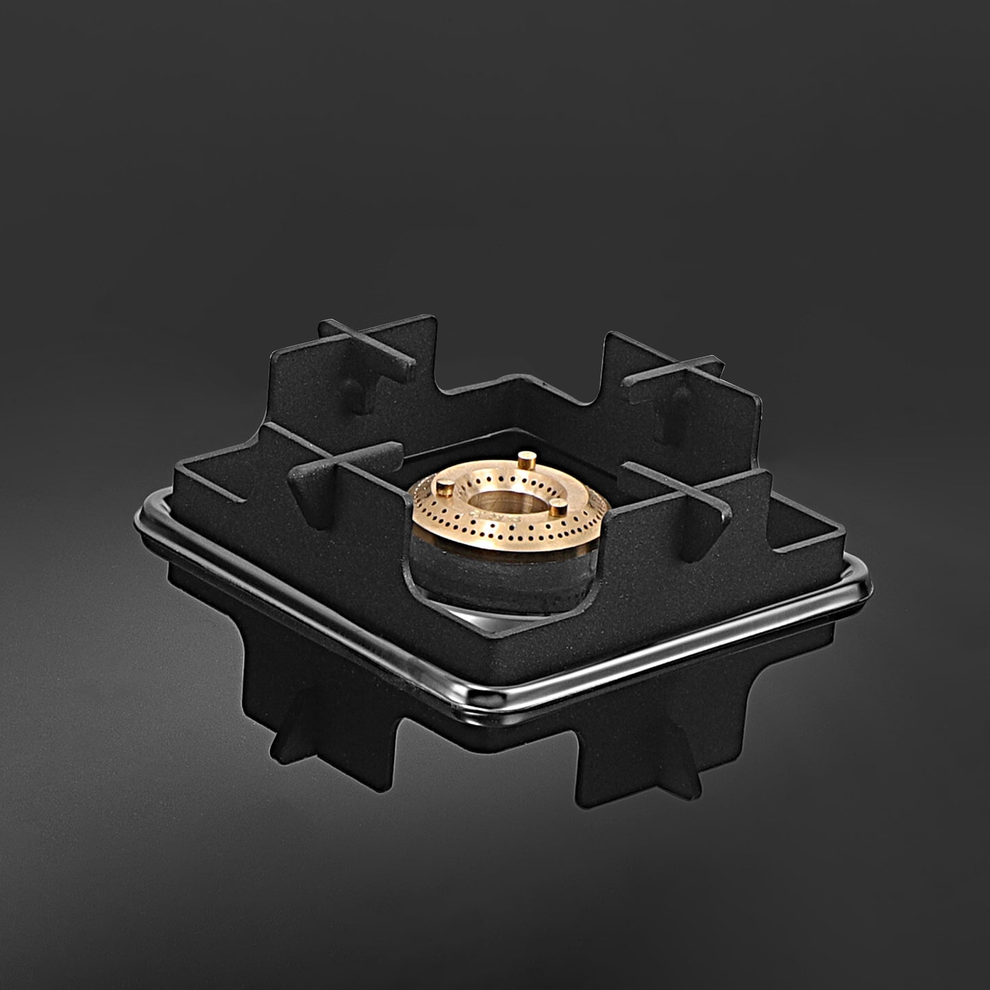 Cooktop Marvel – 2 Burner Crystal Black Glass Gas Stove with Black SS Mirror Finish Frame, Square Pan Support, Brass Top (DOOM - 2502)