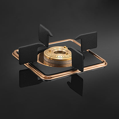 Cooktop Marvel – 2 Burner Crystal Black Glass Gas Stove with Rose Gold SS Mirror Finish Frame, Square Pan Support, Brass Top (DOOM - 2502)