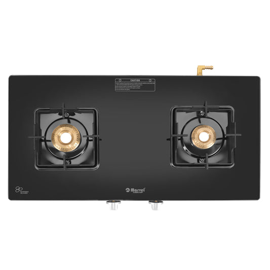Cooktop Marvel – 2 Burner Crystal Black Glass Gas Stove with Black SS Mirror Finish Frame, Square Pan Support, Brass Top (DOOM - 2502)