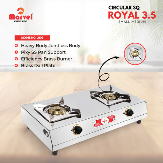 Cooktop Marvel - 2 Burner Royal Pixy Stainless Steel Gas Stove, Jointless Body, SS Square Pan Support, Brass Dial Plate, Brass Top (CIRCULAR SQ - 2103)
