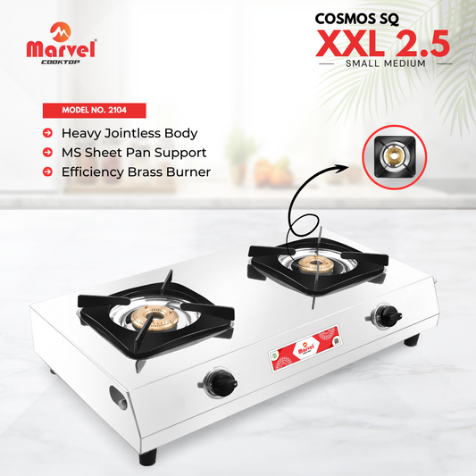 Cooktop Marvel - 2 Burner XXL Stainless Steel Gas Stove, Jointless Body, Square Sheet Pan Support, Brass Top (COSMOS SQ - 2104)
