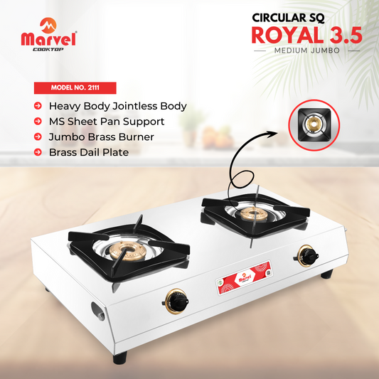 Cooktop Marvel - 2 Burner Royal Stainless Steel Gas Stove, Jointless Body, Square Sheet Pan Support, Brass Dial Plate, Jumbo Brass Top (CIRCULAR SQ - 2111)