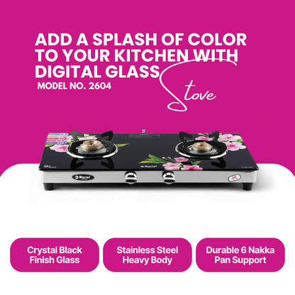 Cooktop Marvel – 2 Burner Digital Glass LPG Gas Stove, Heavy Brass Burners, Stainless Steel Frame, ISI Certified (2604)