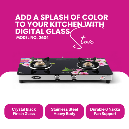 Cooktop Marvel – 2 Burner Digital Glass LPG Gas Stove, Heavy Brass Burners, Stainless Steel Frame, ISI Certified (2604)