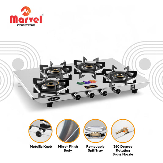 Cooktop Marvel – 4 Burner Gas Stove | Glossy Mirror Body, 2mm Heavy Steel with Drip Tray | Hexa Pan Support | 6G Brass Top, LPG Compatible (ATHENA PLUS – 4303)