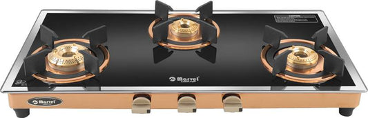 Cooktop Marvel – 4 Burner Premium Gas Stove | Crystal Black Glass, Blue SS Mirror Frame, Round Pan Support | Brass Top, Manual Ignition, LPG Compatible (DOOM – 4502)
