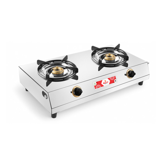 Cooktop Marvel - 2 Burner Royal Stainless Steel Gas Stove, Jointless Body, Rod Pan Support, Brass Dial Plate, Jumbo Brass Top (CIRCULAR RO - 2110)