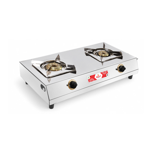 Cooktop Marvel - 2 Burner Royal Pixy Stainless Steel Gas Stove, Jointless Body, SS Square Pan Support, Brass Dial Plate, Brass Top (CIRCULAR SQ - 2103)