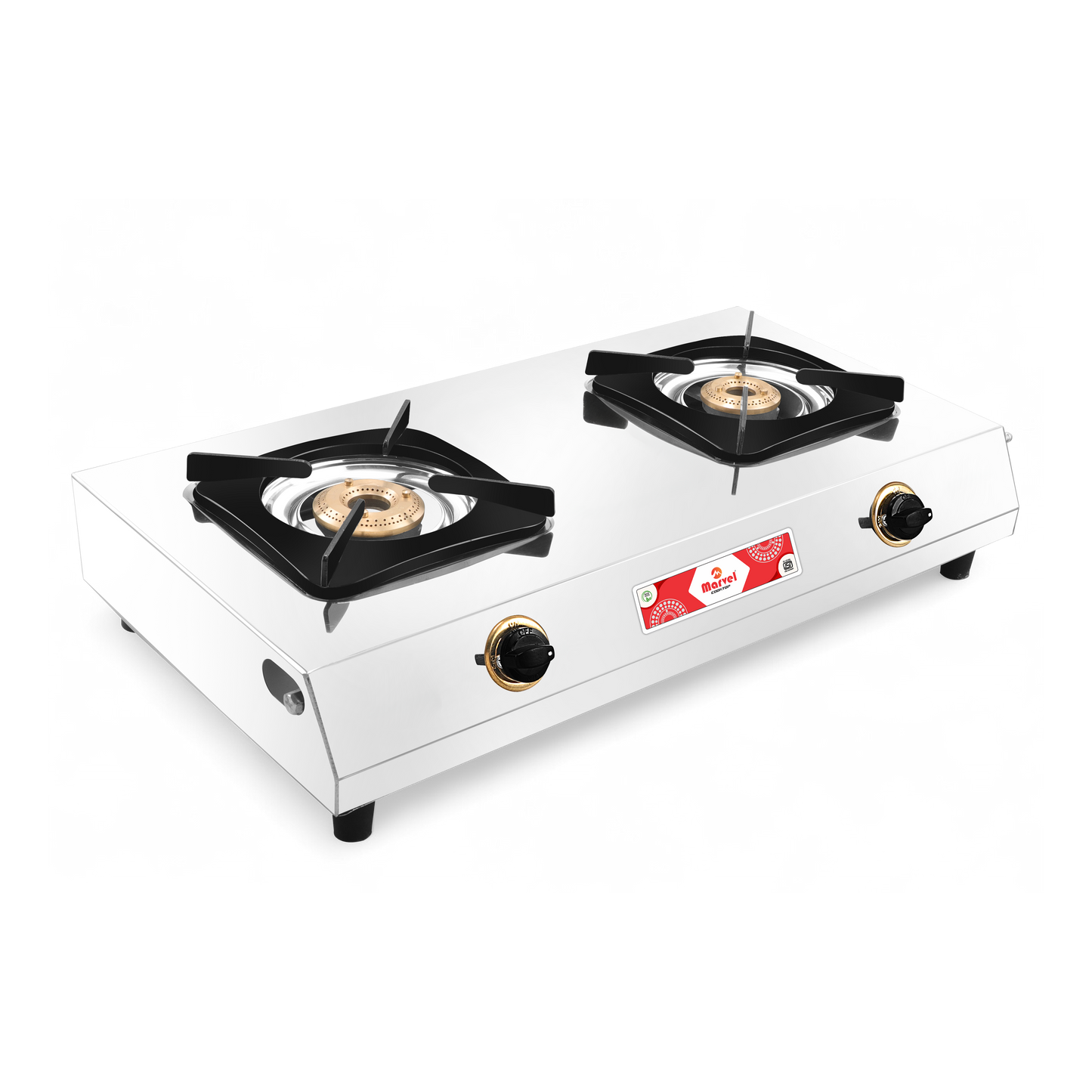 Cooktop Marvel - 2 Burner Royal Stainless Steel Gas Stove, Jointless Body, Square Sheet Pan Support, Brass Dial Plate, Jumbo Brass Top (CIRCULAR SQ - 2111)