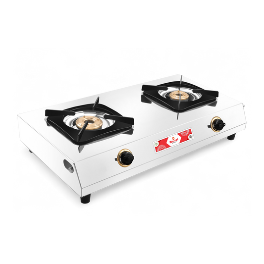 Cooktop Marvel - 2 Burner Royal Stainless Steel Gas Stove, Jointless Body, Square Sheet Pan Support, Brass Dial Plate, Jumbo Brass Top (CIRCULAR SQ - 2111)