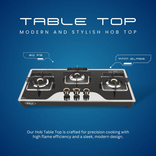 Cooktop Marvel – 3 Burner Hob Top Glass Gas Stove | Elite Mirror Glass, Hexa Pan Support | Brass Burner, Manual Ignition, LPG Compatible (OMEGA – 3702)
