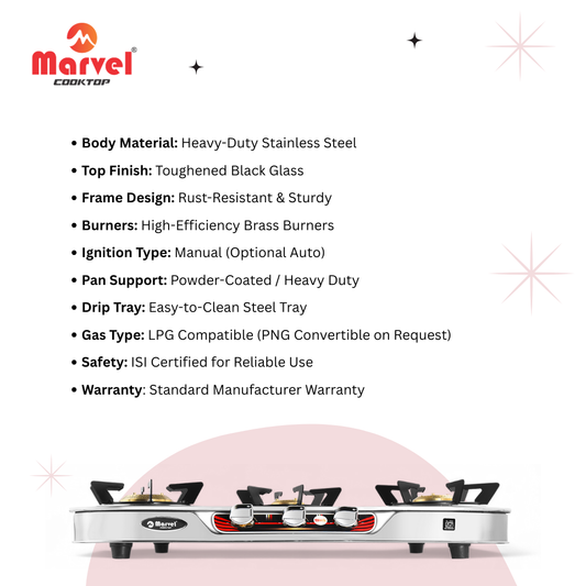 Cooktop Marvel – 3 Burner Side Mirror Glass LPG Stove with Silver SS Frame, Plus Body Frame – HEXAGON (3606)