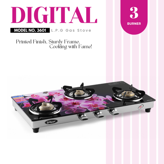 Cooktop Marvel – 3 Burner Digital Glass LPG Stove with SS Frame, Bandi, Regular Brass Top – (MERCURY SS – 3601)