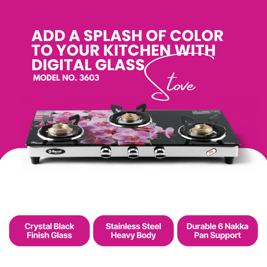 Cooktop Marvel – 3 Burner Digital Glass LPG Stove with SS Frame, Bandi, Jumbo Burner Top – (MERCURY SS – 3603)