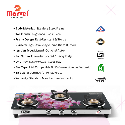 Cooktop Marvel – 3 Burner Digital Glass LPG Stove with SS Frame, Bandi, Jumbo Burner Top – (MERCURY SS – 3603)