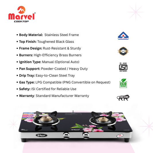 Cooktop Marvel – 2 Burner Digital Glass LPG Gas Stove, Heavy Brass Burners, Stainless Steel Frame, ISI Certified (2604)