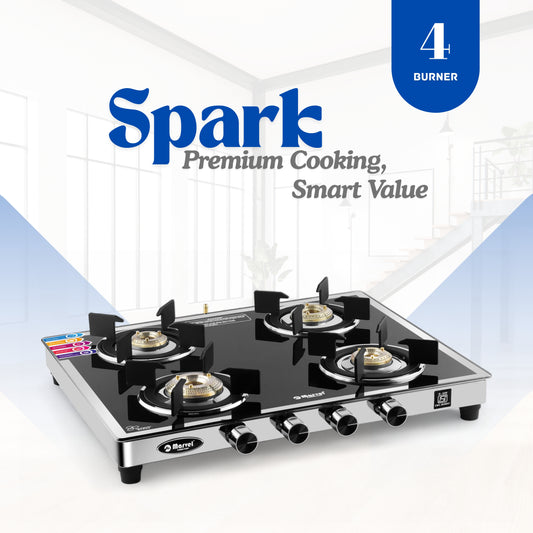 Cooktop Marvel – 4 Burner Gas Stove | Mirror Glass, SS Frame with 40mm Drip Tray | Round Pan Support | Brass Top, Manual Ignition, LPG Compatible (SPARK RO – 4407)