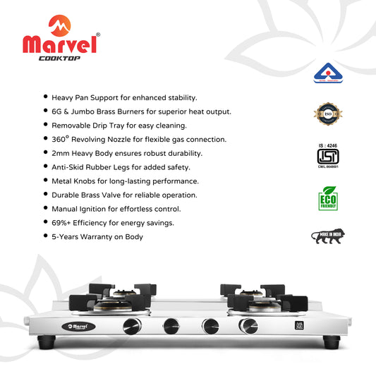 Cooktop Marvel – 4 Burner Gas Stove | 2mm Bahubali Double Decker Glossy Mirror Body, Biskut Pan Support | Brass Burner (ATHENA PLUS DD – 4313)