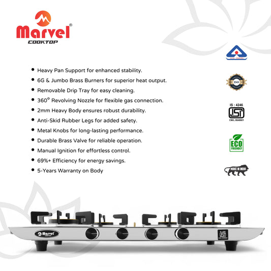 Cooktop Marvel – 4 Burner Gas Stove | Glossy Mirror Body, 2mm Heavy Steel with Drip Tray | Hexa Pan Support | 6G Brass Top, LPG Compatible (ATHENA PLUS – 4303)