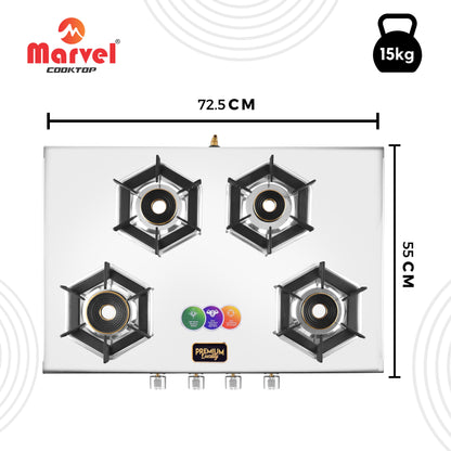 Cooktop Marvel – 4 Burner Gas Stove | Glossy Mirror Body, 2mm Heavy Steel with Drip Tray | Hexa Pan Support | 6G Brass Top, LPG Compatible (ATHENA PLUS – 4303)