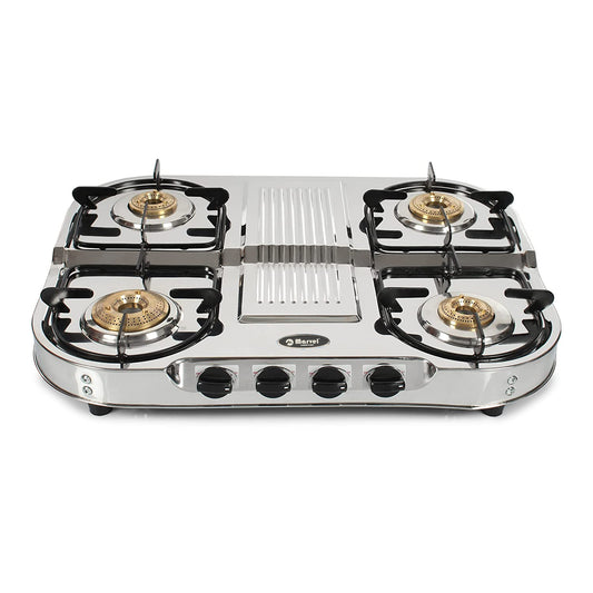 Cooktop Marvel – 4 Burner Double Decker Glain Stainless Steel LPG Gas Stove | Jumbo Brass Burner, Heavy Body | Manual Ignition (HERCULES – 4202)
