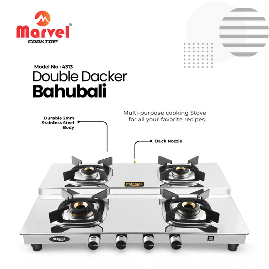 Cooktop Marvel – 4 Burner Gas Stove | 2mm Bahubali Double Decker Glossy Mirror Body, Biskut Pan Support | Brass Burner (ATHENA PLUS DD – 4313)