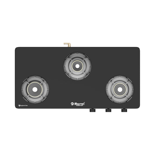 Cooktop Marvel – 3 Burner Premium LPG Gas Stove | Black Glass, MS Frame All Black (BLACK PANTHER – 3515)