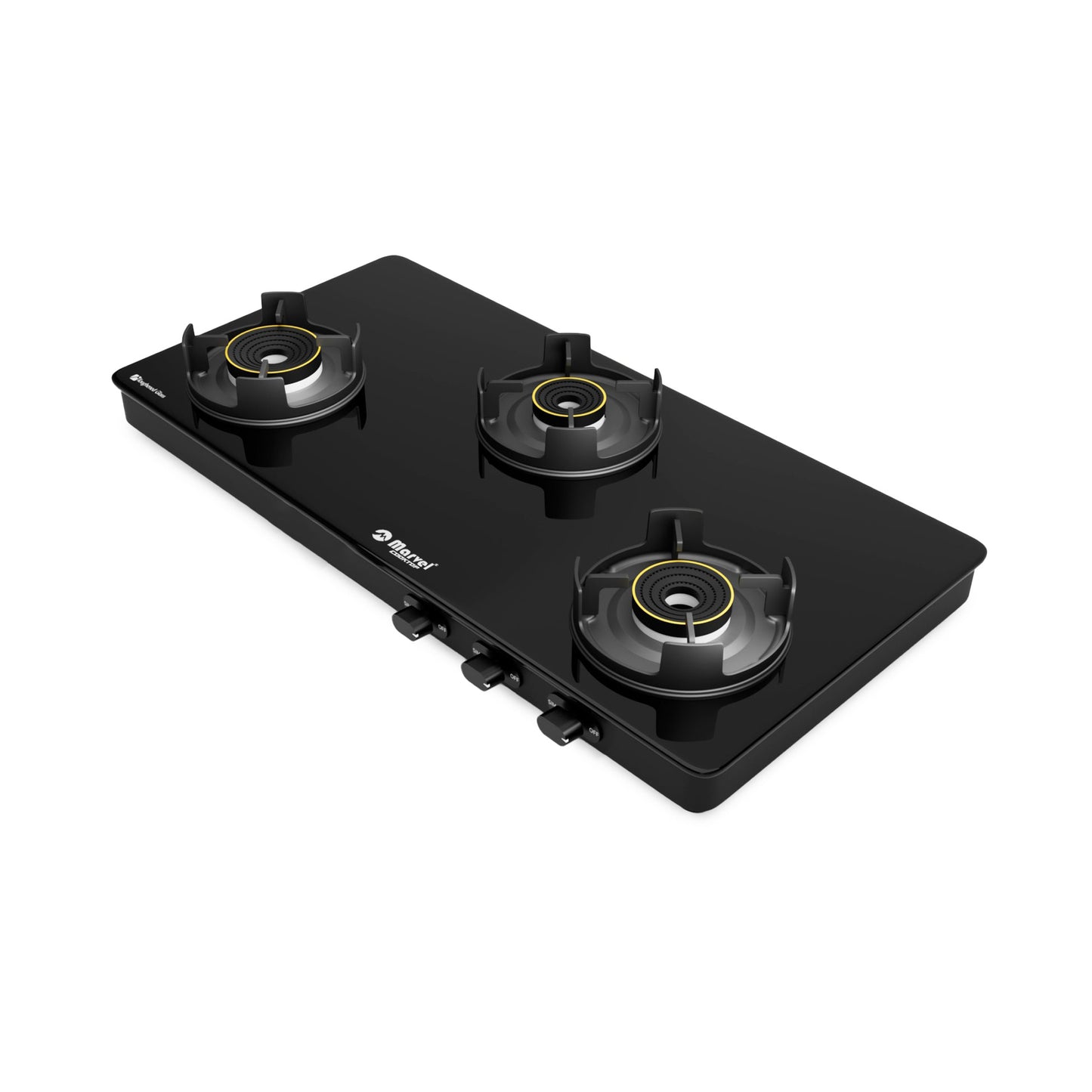Cooktop Marvel – 3 Burner Premium LPG Gas Stove | Black Glass, MS Frame All Black (BLACK PANTHER – 3515)