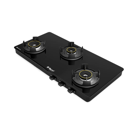 Cooktop Marvel – 3 Burner Premium LPG Gas Stove | Black Glass, MS Frame All Black (BLACK PANTHER – 3515)