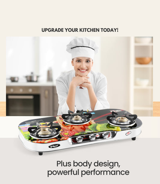 Cooktop Marvel – 3 Burner Crystal Digital Glass LPG Stove with Silver SS Frame, Plus Body Frame – HEXAGON DIGITAL (3605)