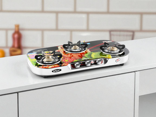 Cooktop Marvel – 3 Burner Crystal Digital Glass LPG Stove with Silver SS Frame, Plus Body Frame – HEXAGON DIGITAL (3605)