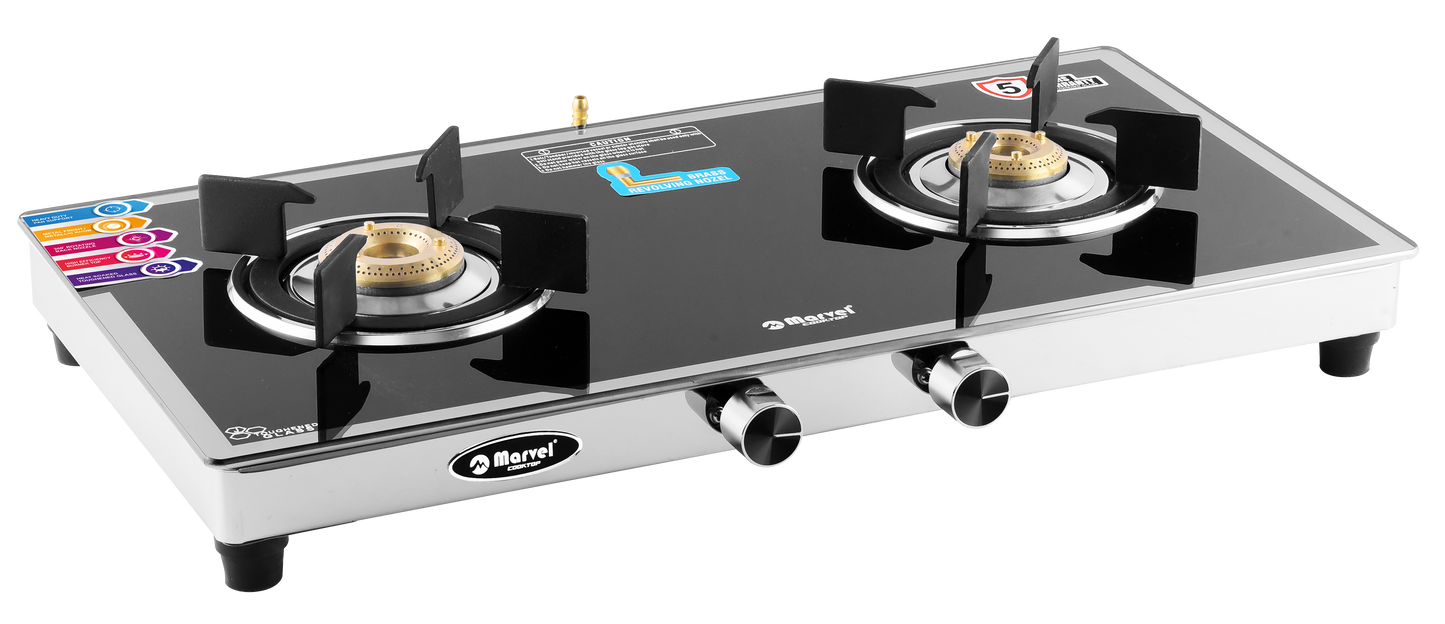 Cooktop Marvel – 2 Burner Side Mirror Glass Gas Stove with Stainless Steel Frame, Round Drip Tray, Brass Burner (SPARK RO)
