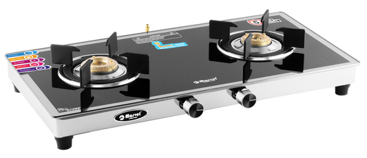 Cooktop Marvel – 2 Burner Side Mirror Glass Gas Stove with Stainless Steel Frame, Round Drip Tray, Brass Burner (SPARK RO)
