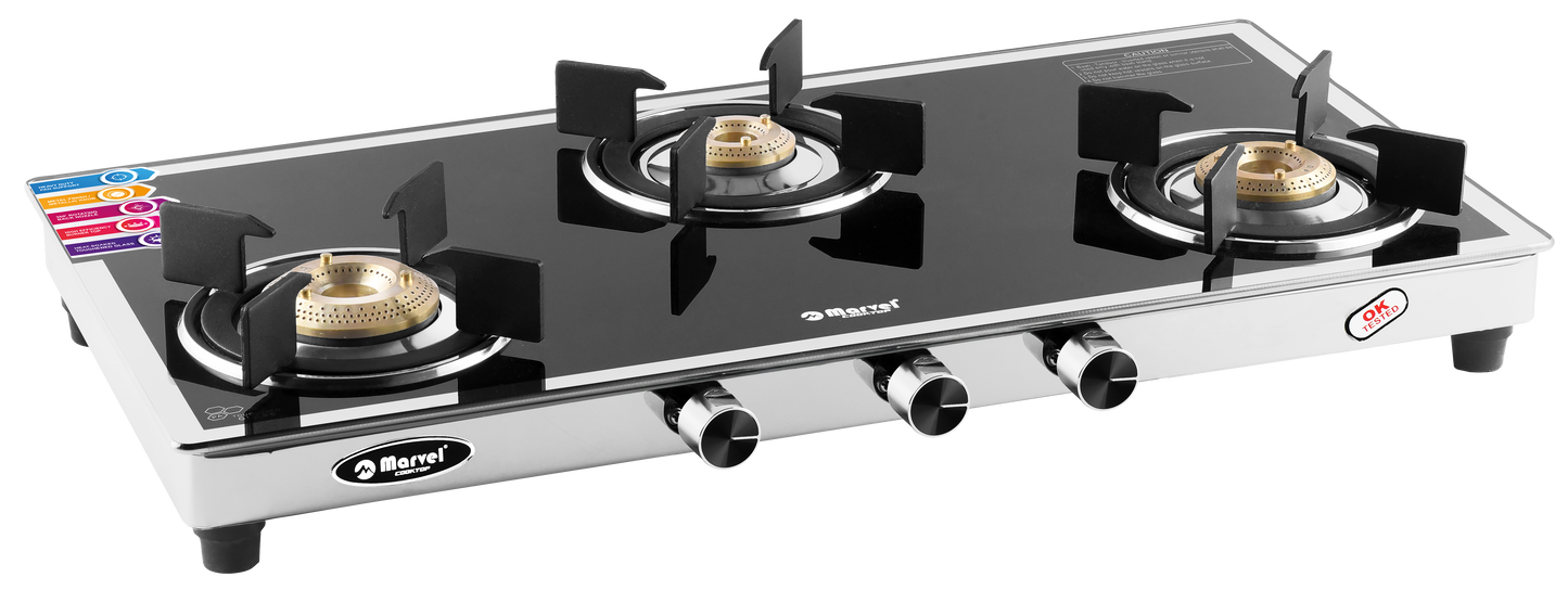 Cooktop Marvel – 3 Burner Side Mirror Glass Gas Stove with Stainless Steel Frame, Round Drip Tray, Brass Burner (SPARK RO)