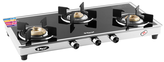 Cooktop Marvel – 3 Burner Side Mirror Glass Gas Stove with Stainless Steel Frame, Round Drip Tray, Brass Burner (SPARK RO)