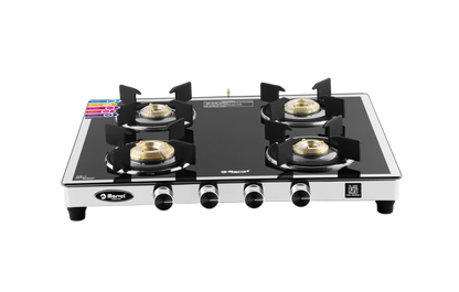 Cooktop Marvel – 4 Burner Gas Stove | Mirror Glass, SS Frame with 40mm Drip Tray | Round Pan Support | Brass Top, Manual Ignition, LPG Compatible (SPARK RO – 4407)