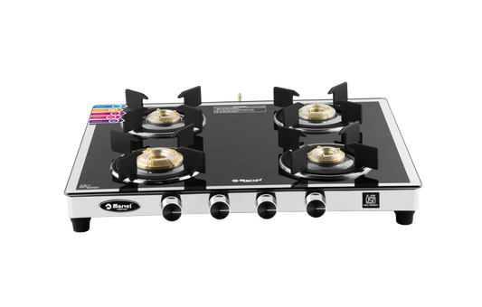 Cooktop Marvel – 4 Burner Gas Stove | Mirror Glass, SS Frame with 40mm Drip Tray | Round Pan Support | Brass Top, Manual Ignition, LPG Compatible (SPARK RO – 4407)