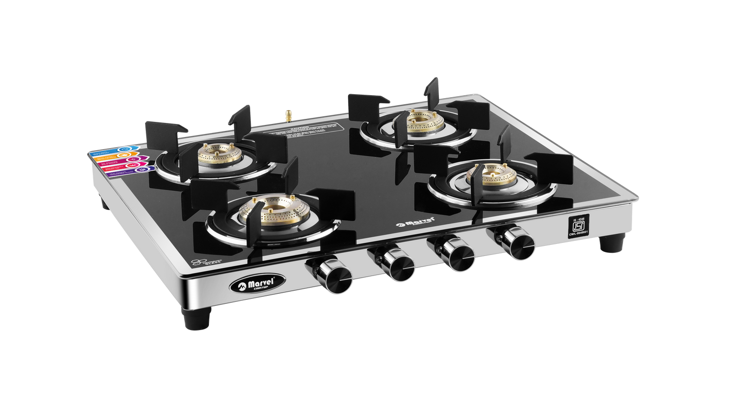 Cooktop Marvel – 4 Burner Gas Stove | Mirror Glass, SS Frame with 40mm Drip Tray | Round Pan Support | Brass Top, Manual Ignition, LPG Compatible (SPARK RO – 4407)