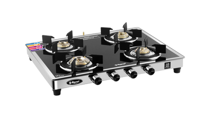 Cooktop Marvel – 4 Burner Gas Stove | Mirror Glass, SS Frame with 40mm Drip Tray | Round Pan Support | Brass Top, Manual Ignition, LPG Compatible (SPARK RO – 4407)